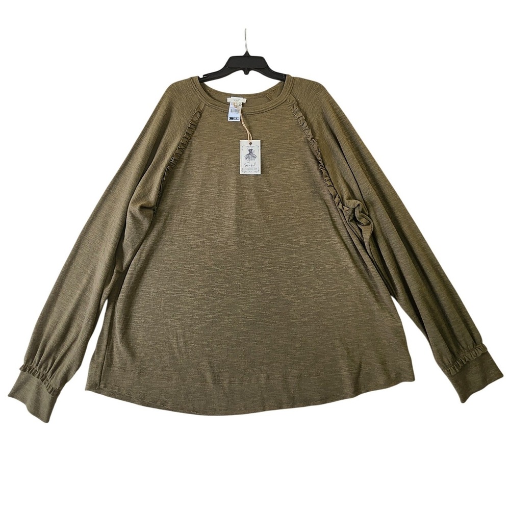 Easel Los Angeles Olive Green Ruffle Raglan Long Sleeve Top ET18830 Large NWT